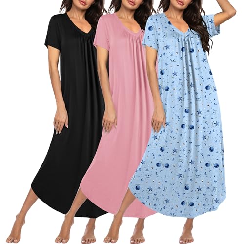 Ekouaer 3 Pack Long Nightgowns for Women Plus Size House Dress Short Sleeve Night Gown V Neck Casual Nightshirt Black/Pink/Blue Star XXX-Large