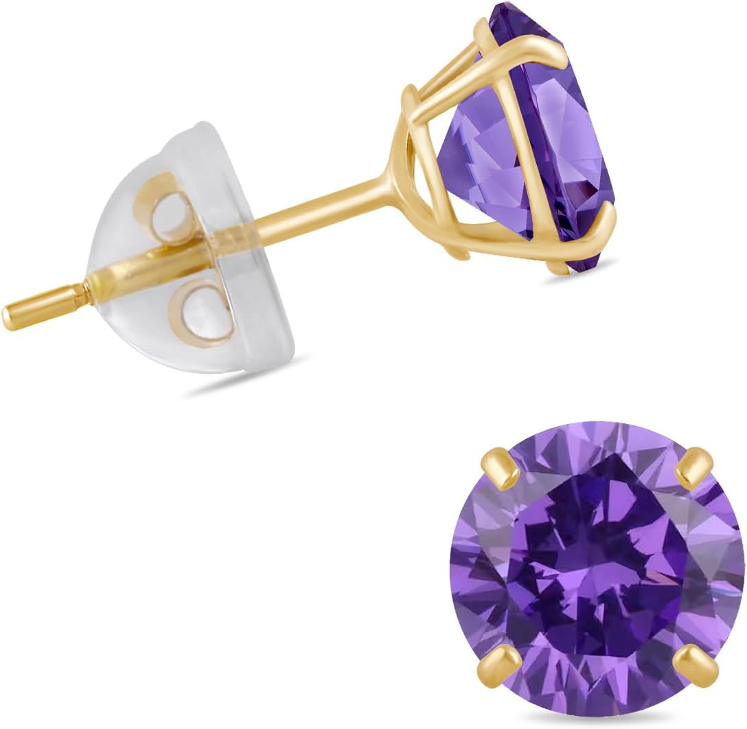 Jewelili 10K Gold Solitaire Stud Earrings for Women | Yellow Gold/White Gold | 6 MM (1.5 CTW) Round Cut Cubic Zirconia Studs | Dainty & Timeless Fine Jewelry | Silicone Push Back Post