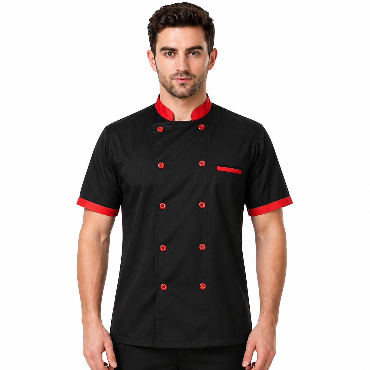 KODENIPR CLUB Mens Womens Double Breasted Black Chef Coat Red Collar,Half Sleeves, Poly/Cotton,Size (Medium(38))-image-11