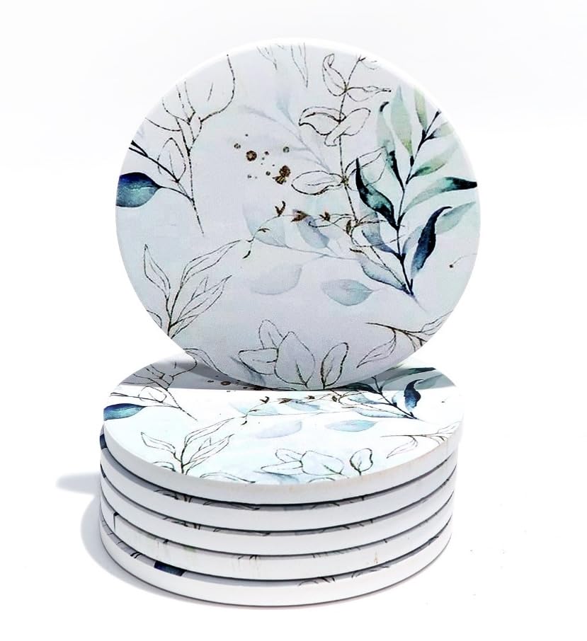 Set of 4 Ceramic Drink Coasters Stunning Minimalistic Flower - Absorbent Cork Base - Heat Resistant - Non-Slip Grip Base - Housewarming Gift (Set of 6)