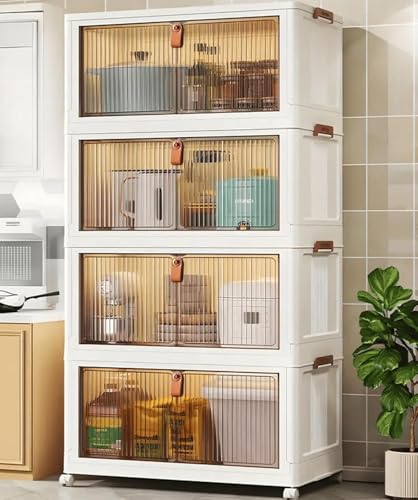 Image of YASONIC 4 Pack Plastic Cupboard for Storage, Multipurpose Stackable Cabinet Drawer, Foldable Wardrobe Organizer for Clothes, Kitchen Storage Cabinet, Modular Almirah with Magnetic Doors, Wheels