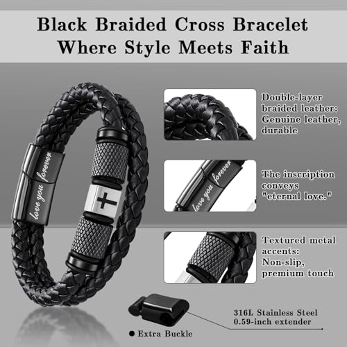 Pulsera de cuero trenzado con cruz cristiana para hombre miniatura 4