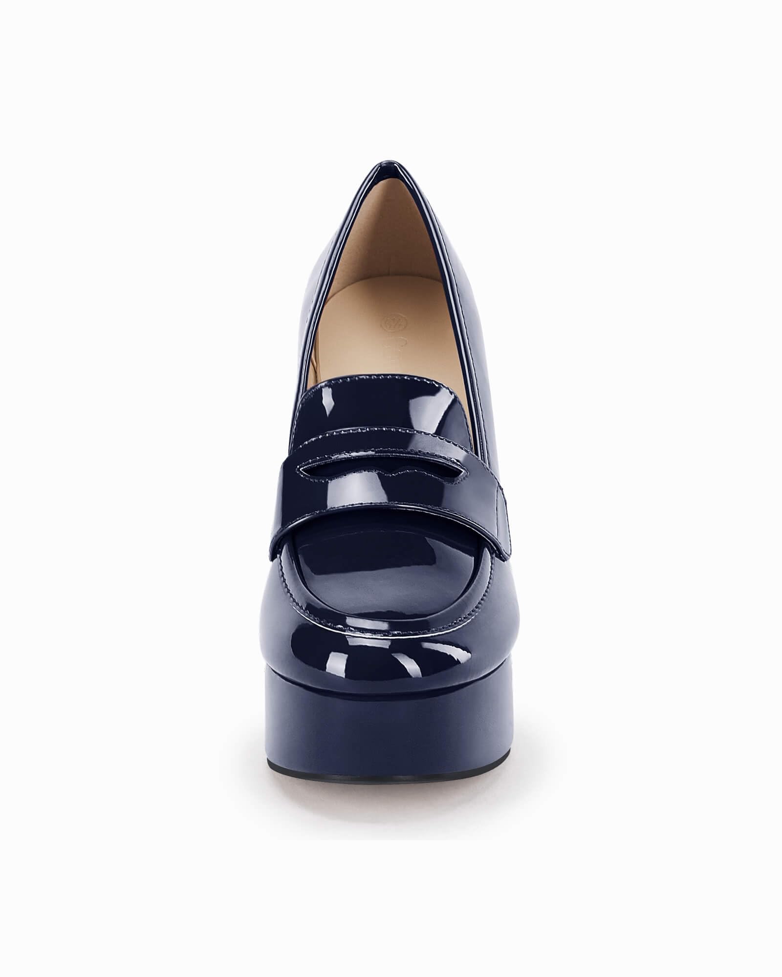 Womens Platform Heels Loafers Chunky High Heel Closed Toe Patent Leather Shoes Penny Loafer Business Dress Work Pumps: 8.5 Navy