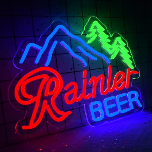 Image of Beer Neon Sign for Wall Decor Bar Led Neon Light Rainiier Beer Light up Sign for Man Cave Led Neon Sign for Bedroom,Bar,Pub,Bistro,Shop,Party,Gifts USB Powered Size16.1 * 11.5in(ZYLD180)