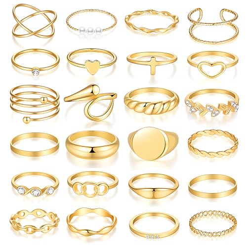 FAXHION 24-60 Pcs Gold Stackable Rings for Women, Knuckle Rings Chunky Gold Ring Set Dainty Stacking Cute Rings, Multiple Sizes Cute Jewelry Set Gift (Gold-24 Pcs)
