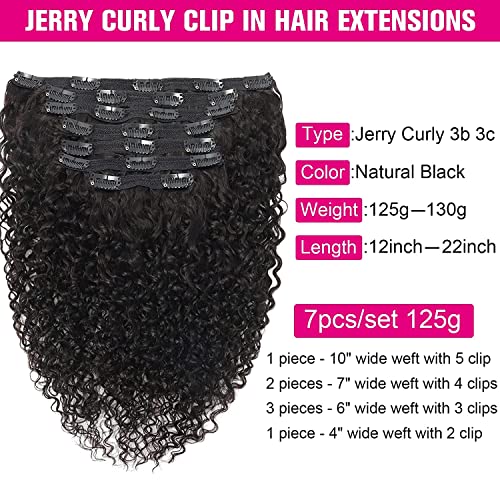 Jiarosi Jerry Curly Clip in Hair Extensions Real Human Hair 14 Inch 3B 3C Curly Hair Clip in Extensions 7Pcs with 24 Clips Real Brazilian Clip Ins Hair for Black Women for Beginner Blend Well Natural