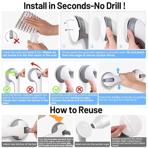 Image of 2PK Grab Bars for Shower Handle, Elderly Assistance Products, Grey | Seniors Removable Bar Safety, Suction Cup for Bathtubs and Showers /Bathroom /Walls, Heavy Duty Handrails Grip, No Drilling