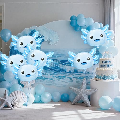 Image of 6 Pcs Axolotl Birthday Decorations, 26.8 inch Axolotl Balloon, Cute Inflatable Aluminum Foil Balloons, Summer Party Decorations, Beach Birthday Party Decorations, Axolotl Party Favors (Blue)