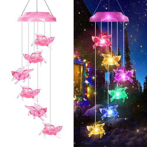 Solar Wind Chimes for Outside- Pig Wind Chimes Pink,7 Colors Changing Outdoor Waterproof Flying Pig LED Wind Bell, Patio Garden Yard Decor(Gifts for Dad,Mom, Women, Gardening Gifts)