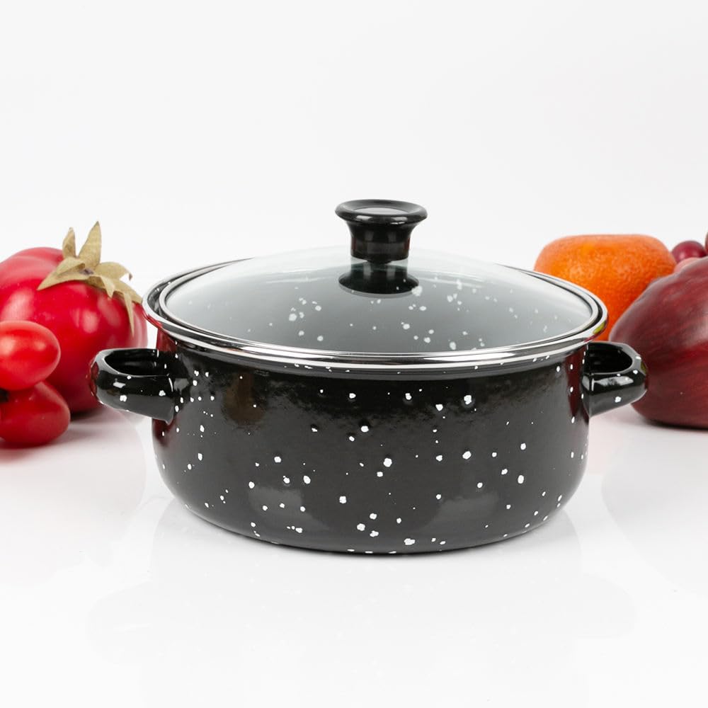 Herzberg HG04128, Juego de 10 Piezas de Ollas y Cazuelas con Tapas de Vidrio, Esmalte Negro, Mangos Cómodos, Tamaños Versátiles (16-24CM), Durabilidad Superior, Fácil de Limpiar