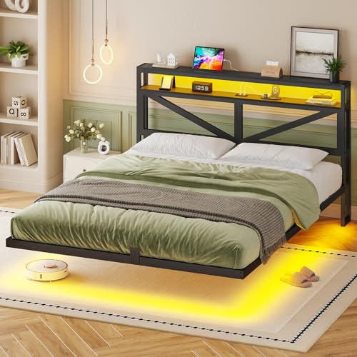 AOGLLATI Lit Flottant 160x200 avec Sommier en Métal,Cadre de Lit 160x200 LED 360° Réglable avec 3 Ports de Charge,2 Étagères de Rangement Ouvertes pour Chambre...