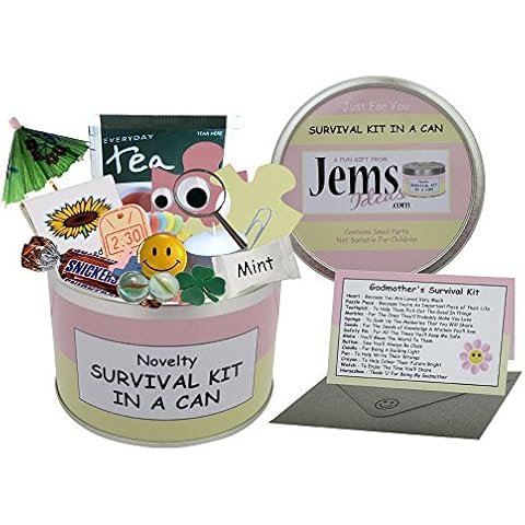 Godmother Survival Kit In A Can. Novelty Fun Gift - Humorous Godparent All In One Thank You Present & Card. Christening/Baptism/Naming Day Thankyou From A Godson/God Daughter. Customise Your Can Colour. (Pink/Cream) Cover