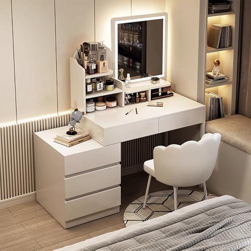 L Shaped Vanity Desk with LED Mirror Makeup Vanity Table with 5 Drawers & Storage Shelf Expandable Dressing Table & Computer Desk for Bedroom Study Gaming Ideal for Women Girls SZZ024 (White)
