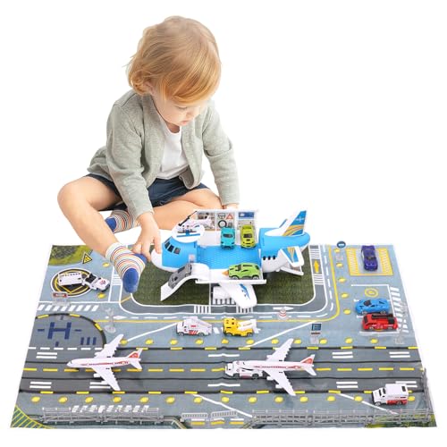Maycoly Trasporto aereo Giocattolo，un Totale di 15 Mezzi di Trasporto con Segnali Stradali e Tappeti Gioco，Aereo Giocattolo per Bambini con Elicottero，Auto Giocattolo Bambini 3+ Ragazzi Ragazze