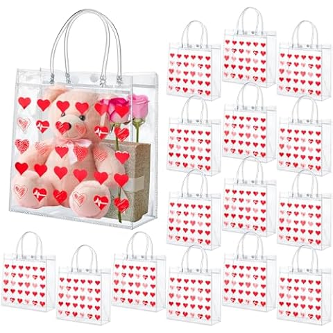 Uiifan 24 Valentines Day Clear PVC Gift Bags Valentines Transparent Hearts Bags Heart Sayings Gift Bags with Handle Galentines Day Gifts Reusable Gift Wrap Tote Bags(Red) Cover