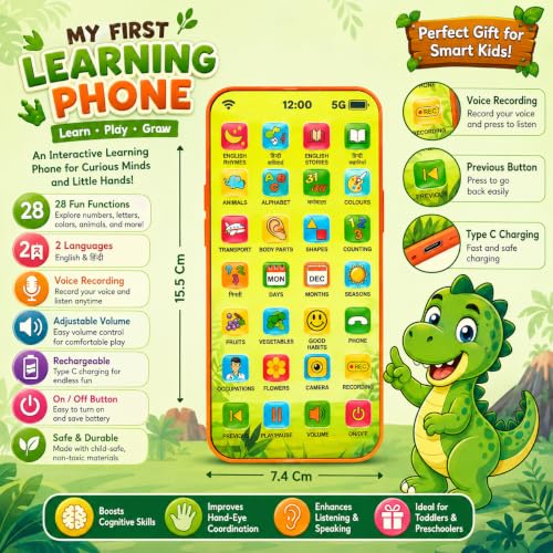 Image of Mashes Educational Mobile Phone Toy for Kids | 28 Functions Learning Toy with Multilingual Sounds, Counting, Flash Light | Interactive Toy for Toddlers (Hindi & English Theme Green Dino)