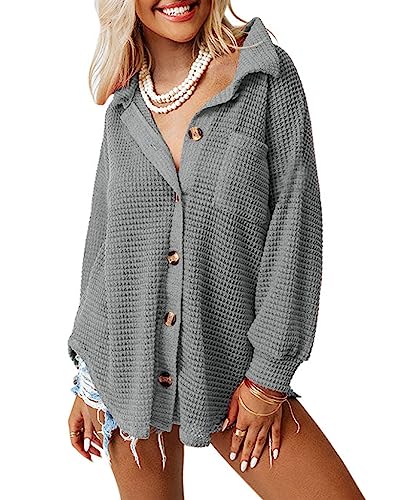 Dokotoo Bluse Damen Langarm Elegant Hemdjacke Lässig Oberteile Hemd Langarmshirt Waffel Knopfleiste Einfarbig Shirts Stehkragen Locker Hemdbluse Grau S