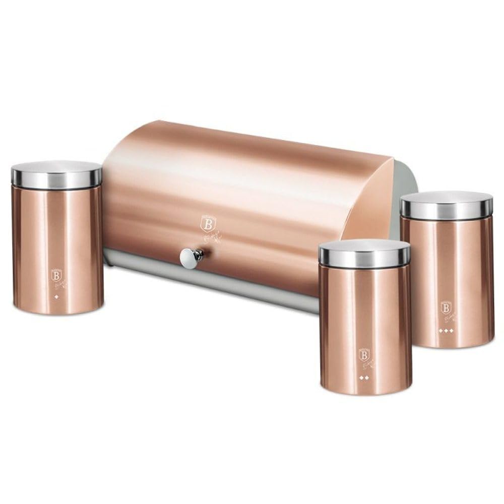 Berlinger Haus Brotkasten Edelstahl mit 3-teiligem Aufbewahrungsbox-Set, Roségold Metallic Linie - Brotbox und Vorratsbehälter für Küche und Haushalt