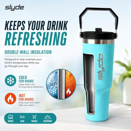 Image of Slyde 900ml Stainless Steel Insulated Tumbler with Handle & Flip Straw Lid | Double Wall Vacuum Flask | Hot & Cold Water Bottle | Leakproof Travel Mug | BPA Free Aqua Blue