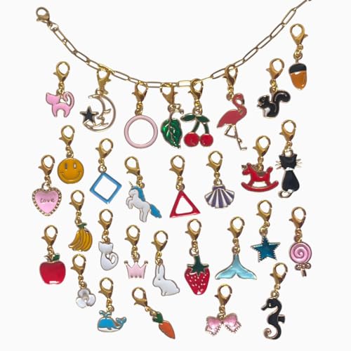 AMOBESTER Clip on Charms Mix Animal Flower Fruit Cute Plated Clip on Charms with with Paperclip Link Chain DIY Bracelet Kit for Women