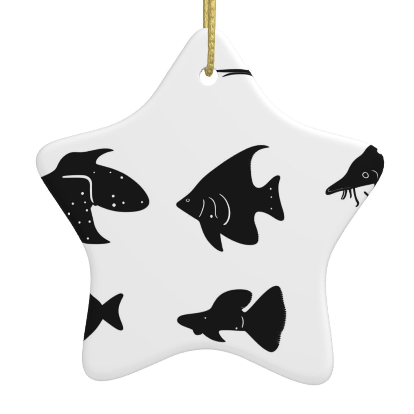 Black and White Fish Christmas Ceramic Star Pendant with Punched Holes and Gold Wire Rope, Christmas Tree Home Decoration