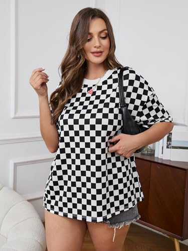 SOLY HUX Women's Plus Size Checkered Printed T-Shirts Short Sleeve Crewneck Loose Tee Tops4