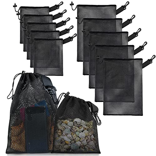 Raweao Bolsa Pequeña de Malla Negra Bolsas Malla con Cordón, Pequeñas Saco de Malla de Nailon Impermeables para Gimnasio, Viajes, Juguetes de Playa, Natación, Pesca (12 piezas)