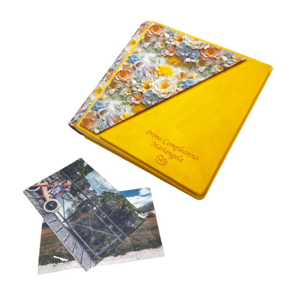 Album Fotografico Artigianale in Tessuto stampato 3D e Alcantara, Personalizzabile con Incisione, classico con velina,Matrimonio,Compleanno,Wedding,Anniversario,Comunione,eventi (Giallo/Giallo)