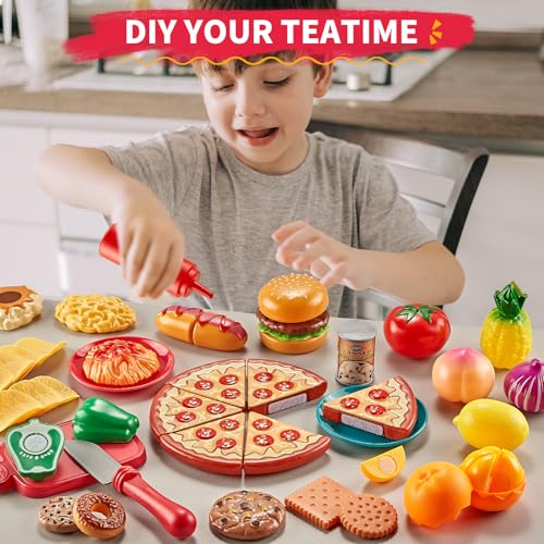 Comirth Spielen Sie Lebensmittel-Sets für Kinder Küche-80PC Pretend Lebensmittel mit 2 Kinder Picknick-Korb, Spielzeug Lebensmittel mit Pizza Spielzeug, Kunststoff Lebensmittel Schneiden Spielzeug