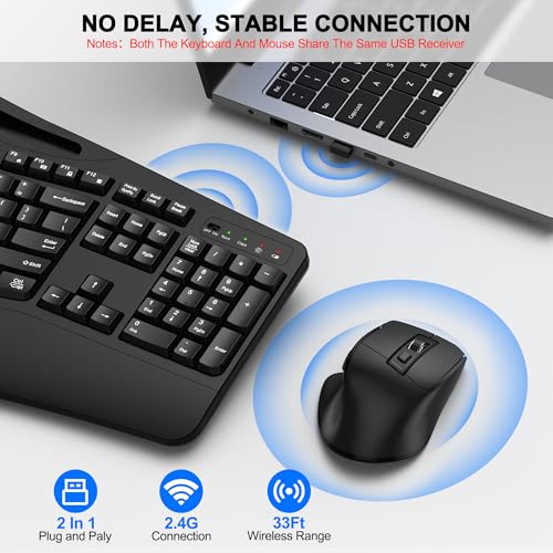 Wireless Keyboard and Mouse Combo, 2.4G Full Size Wave Keys Ergonomic Keyboard with Wrist Rest, Phone Holder, 3-Level DPI Adjustable Wireless Ergonomic Mouse for Windows, Mac Desktop/Laptop/PC(Black) - Image 5