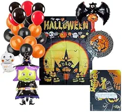 Kit Decoração Festa Halloween: Painel Mesa + 4 Balões Metalizados + 50 Bexigas + 1 Toalha Mesa Temática Metalizada