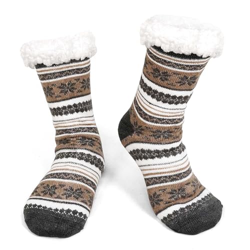 PUTUO Calcetines Antideslizantes para Hombre de Invierno: Calcetín Termicos Hombre Por Navidad Regalos Cálidos Suaves Mullidos Calcetín Gruesos Calcetines Andar por Casa 1 par 39-45 Café gris