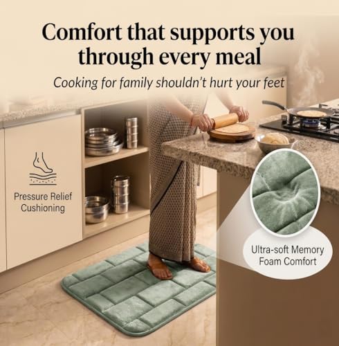 Image of Memory Foam Bath Mat for Bathroom & Kitchen | Anti-Skid Soft Floor Mat for Bedroom | Super Absorbent Quick Dry Microfiber Rug | Machine Washable Indoor Floor Mat | Sage Green | 40x60 cm