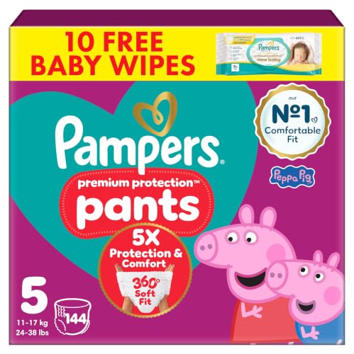 Pampers Premium Protection Nappy Pants Size 5 144 Nappies 11kg-17kg Monthly Pack + Pampers Harmonie Aqua Baby Wipes 1 pack of 10 Wipes