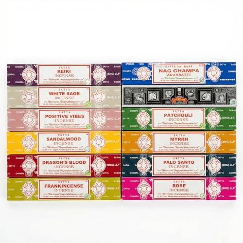 Earth Satya Assorted Incense 15g (Pack of 12) Nag Champa Super Hit Dragons Blood Palo Santo Positive Vibes White Sage Patchouli Myrrh Frankincense Reiki Sandal Wood Rose(Golden Mix)