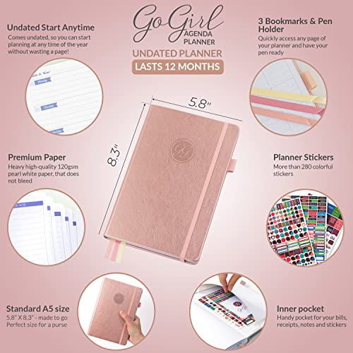 Gogirl Planner Agenda – Colorful Undated Monthly & Weekly Planner And Organizer For Women, Goals Journal With Calendar For Improving Time Management, Productivity & Creating A Happy Life – Rose Gold #TOP1