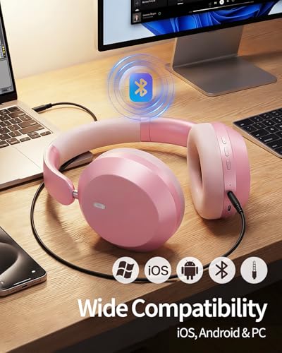 Image of Wentronic Y05 Bluetooth Over-Ear Headphones with Active Noise Cancelling, Hi-Res Audio, 48H Playtime, Built-in Mic, Wired /Wireless, Works with iOS, Android & PC, Pink
