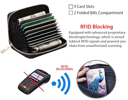 Credit Card Holder Wallets for Women, RFID Blocking Small Leather Card Case Wallet with Zipper Accordion Wallets, Peacock4