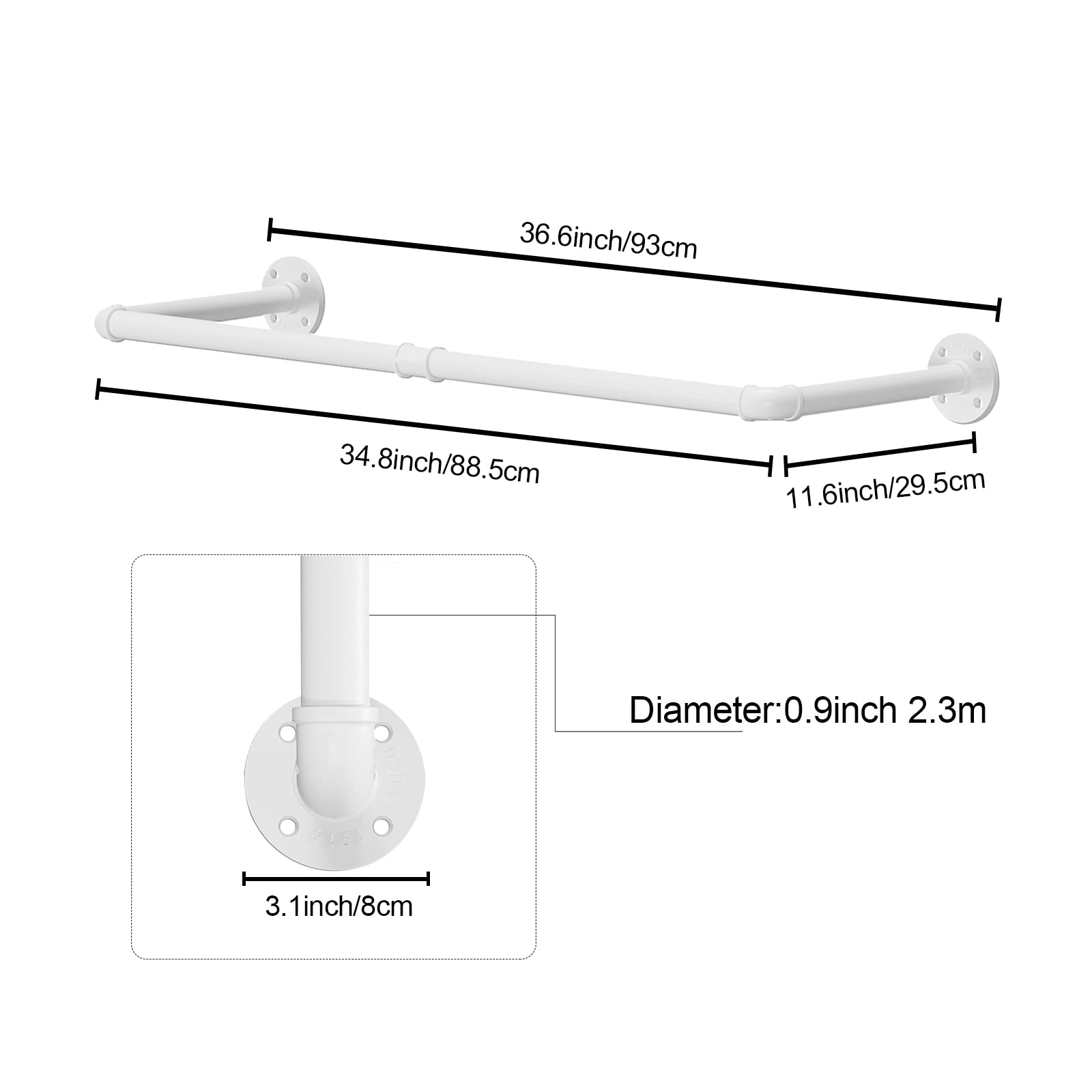 HOEMLIM Industrial Pipe Clothing Rack Wall Mounted Clothes Rack Heavy Duty Space-Saving Garment Bar Rack Detachable Multi-Purpose Hanging Rod,36 inch(White)