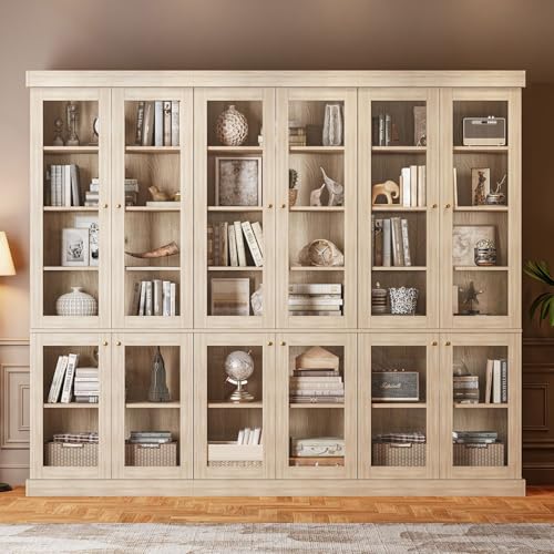 Image of ivaniti 70.8 inch Bookshelf with Glass Doors, Farmhouse Modular Bookcase with 6-Tier Adjustable Shelves, Large Storage Cabinet for Living Room & Home Office, Set of 3, Brown