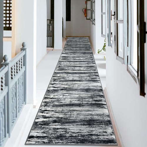 KOZYFLY Modern Abstract Washable Rug Runner 2.6x16 Hallway Rug Runner Non-Slip Soft Kitchen Runner Rugs, Black Navy Blue Grey Striped Carpet for Entryway Bathroom Laundry Room Foyer