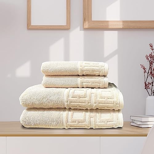 Image of SENSES by Riba Cotton Towel Set 4 Piece (550 GSM) | Sheared Border Bath & Hand Combo | Antimicrobial, Soft, Highly Absorbent, Low Lint Terry | Colour Fast Solid Bathroom Linen - Ivory