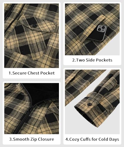 Image of V VALANCH Men's Sherpa Lined Flannel Jacket with Hood - Zip Up Plaid Shirt Jacket Winter Outdoor Warm Outerwear Fleece Coat