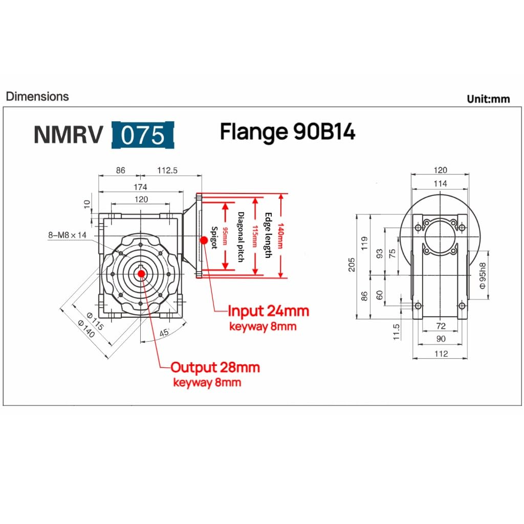 Riduttore di velocità a vite senza fine NMRV075 Flangia 90B14 con albero di ingresso da 24 mm e foro di uscita da 28 mm Alloggiamento in metallo(Ratio 60 to 1)