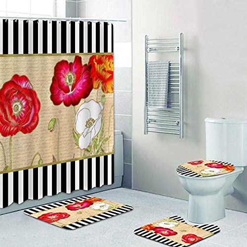 ZDDWLDL 4Pcs Duschvorhänge Set Mit Rutschfesten Teppichen,Toilettendeckel und Badematte Schwarz-Weiße Streifen Rote…