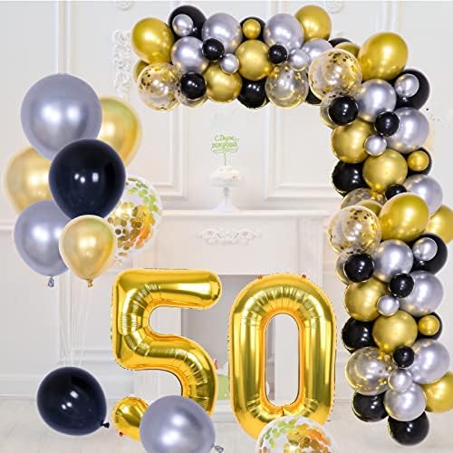 Black and Gold 50th Birthday Decorations for Men Women, 40in 50th Birthday Balloons, 50th Birthday Banners, Black Gold Balloon Arch Kit Party Decorations Fringe Curtain Champagne Silver Balloons
