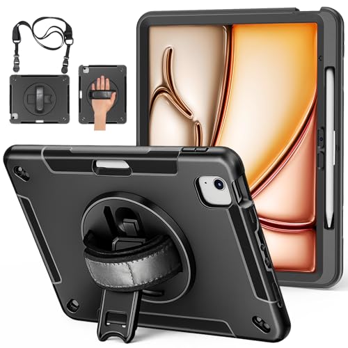 Image of Miesherk Case for iPad Air 13 Inch M4 /M3 /M2(2026 /2025 /2024)Shockproof,Black | iPad Air 13 Inch Case with Built-in Screen Protector, 360 Rotating Stand, Pencil Holder, Adjustable Shoulder Strap