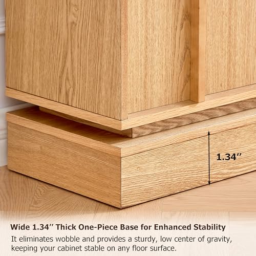 Image of 31.7'' Mid Century Modern Accent Sideboard Storage Cabinet, Natural Wood | 11.9''D Slim Credenza, 2 Doors, 3 Open Cubbies, Adjustable Shelf, for Narrow Entryway, Hallway, Living Room & Dining