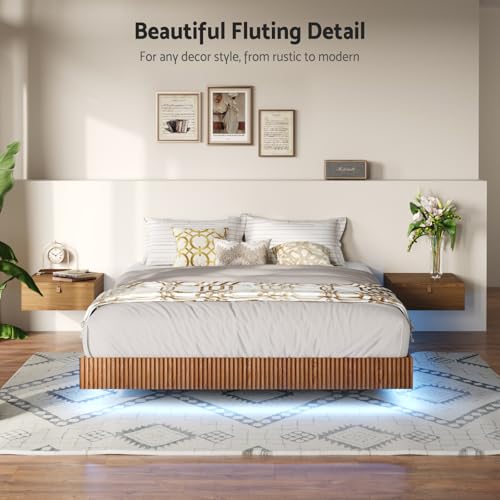 Tatub Walnut Queen Floating Bed Frame with LED Lights, Fluted Mid Century Modern Floating Platform Bed with Heavy Duty Metal Slats, No Box Spring Needed - Image 3