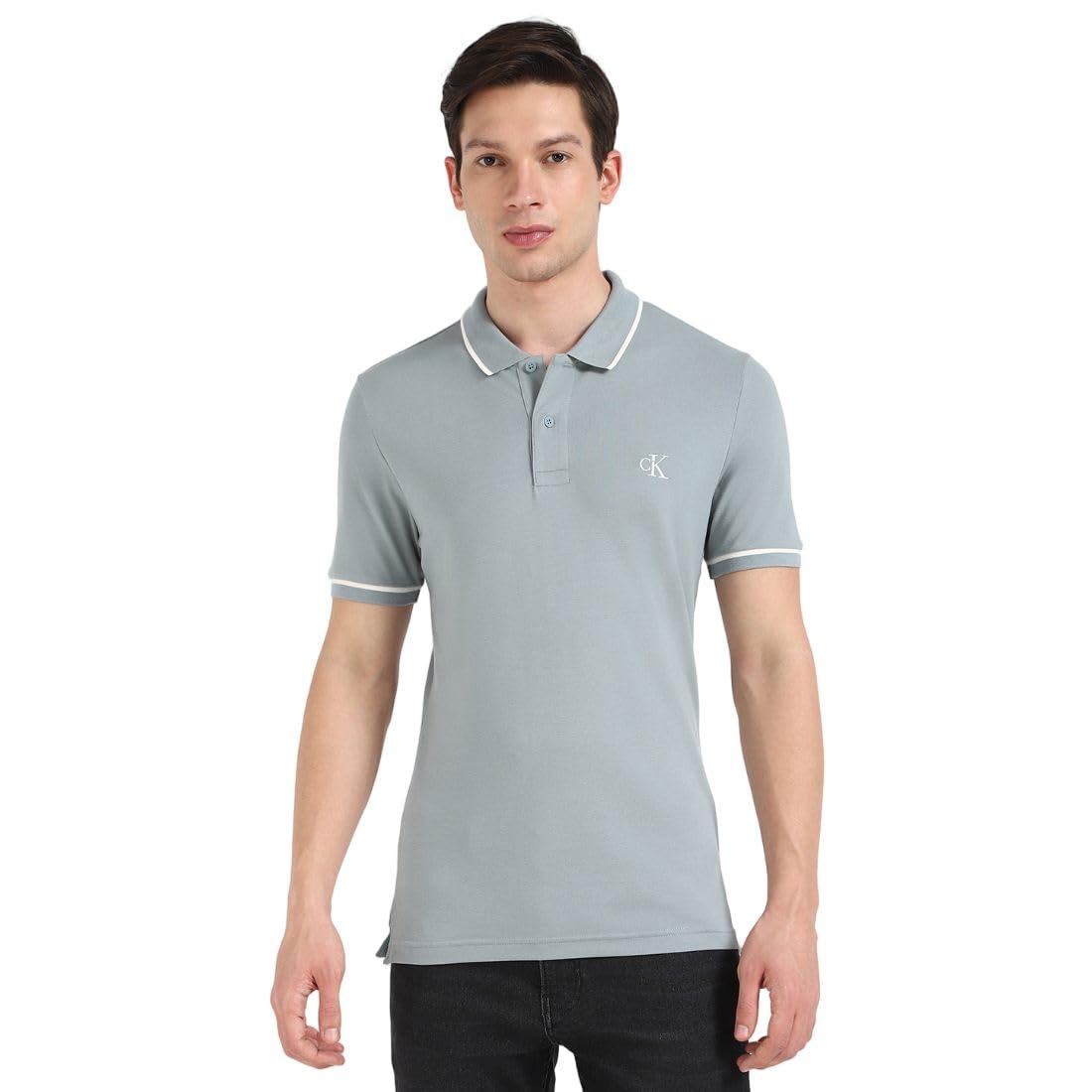 Calvin Klein Men’s Tipping Slim Fit Short Sleeve Polo Shirt with Stretch, Blue (Lead), XS